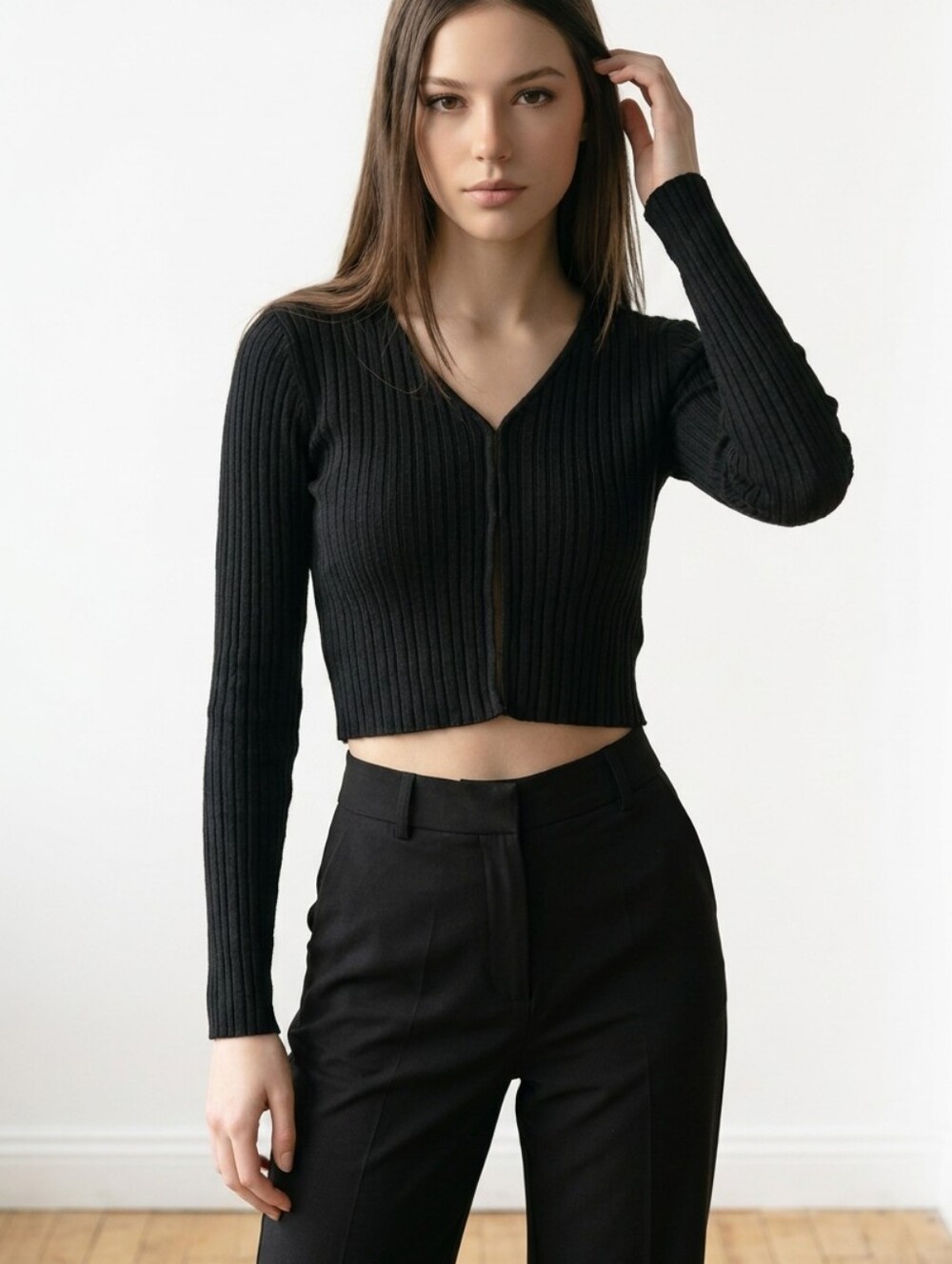 UNIF Wink Ribbed Long-Sleeve Black Knit Crop Top V-Neck Cardigan Size S